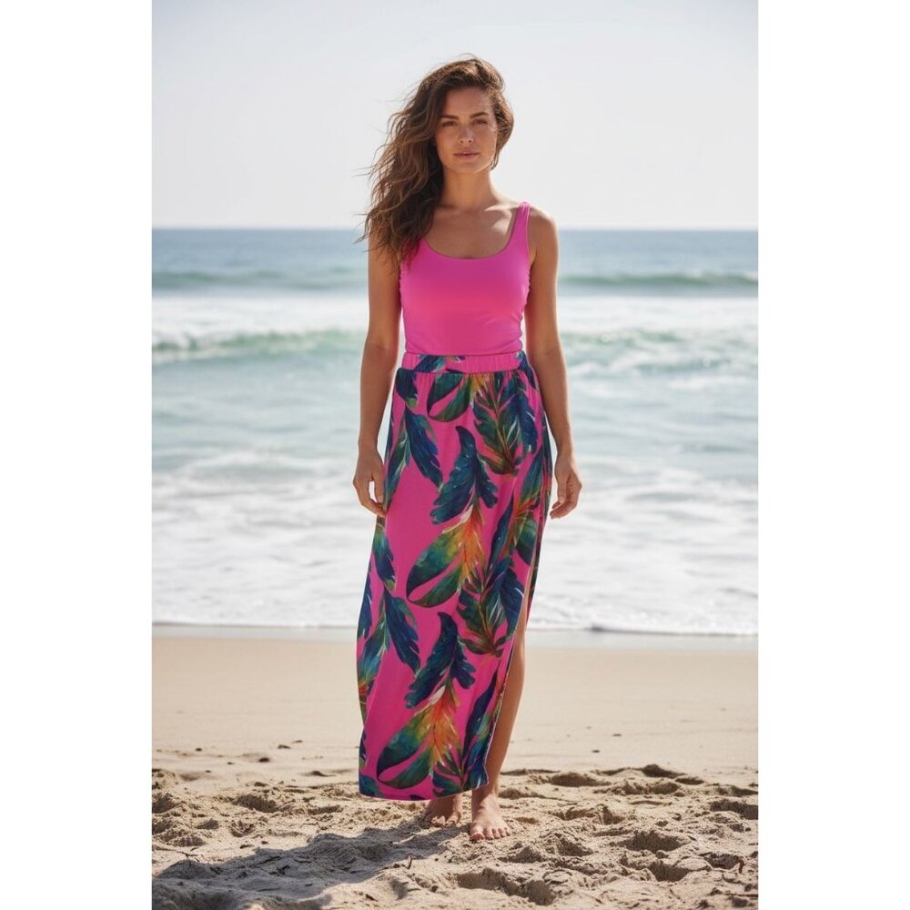 Pink Floral Maxi Beach Sarong Skirt Cover Up One Size  Side Slit Resortwear